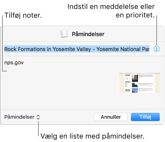 Dialogen Flere oplysninger til en påmindelse, der er tilføjet fra Safari.