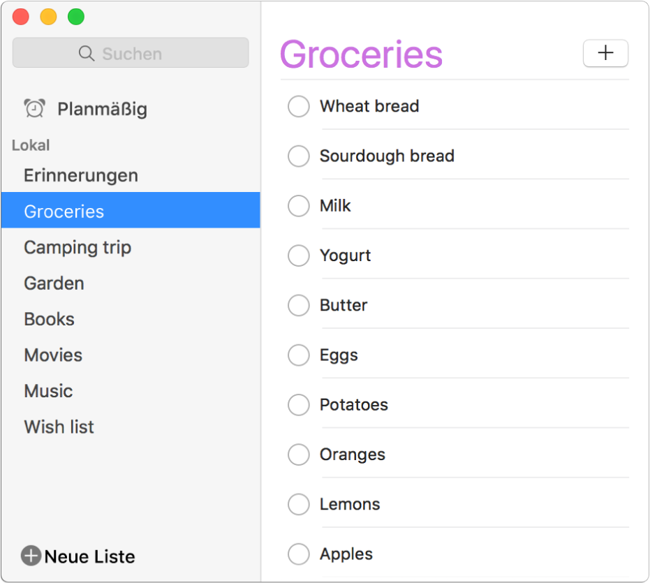 Ein Erinnerungen-Fenster auf dem Mac mit mehreren Erinnerungslisten im Abschnitt „Lokal“