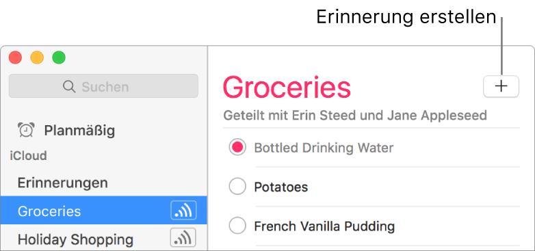 Klicke rechts im Fenster „Erinnerungen“ auf die Taste „Erstellen“, um eine Erinnerung zu erstellen.