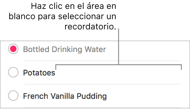 Haz clic en el espacio en blanco disponible a la derecha del nombre de un recordatorio para seleccionarlo