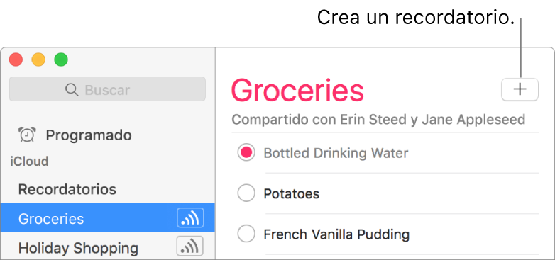 Haz clic en el botón Crear en la parte superior derecha de la ventana Recordatorios para crear un recordatorio
