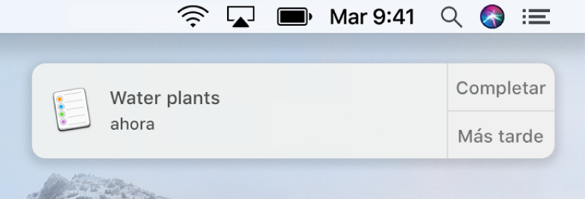 Una notificación de recordatorios con los botones Completar y “Más tarde”.