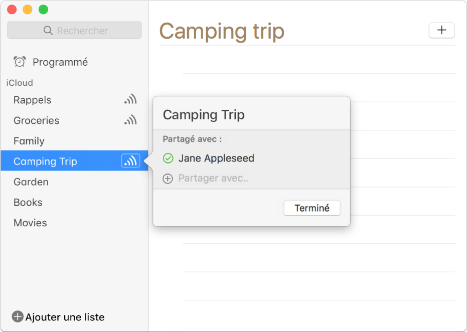 Fenêtre d’informations d’une liste de rappels, indiquant que cette dernière est partagée avec une personne.