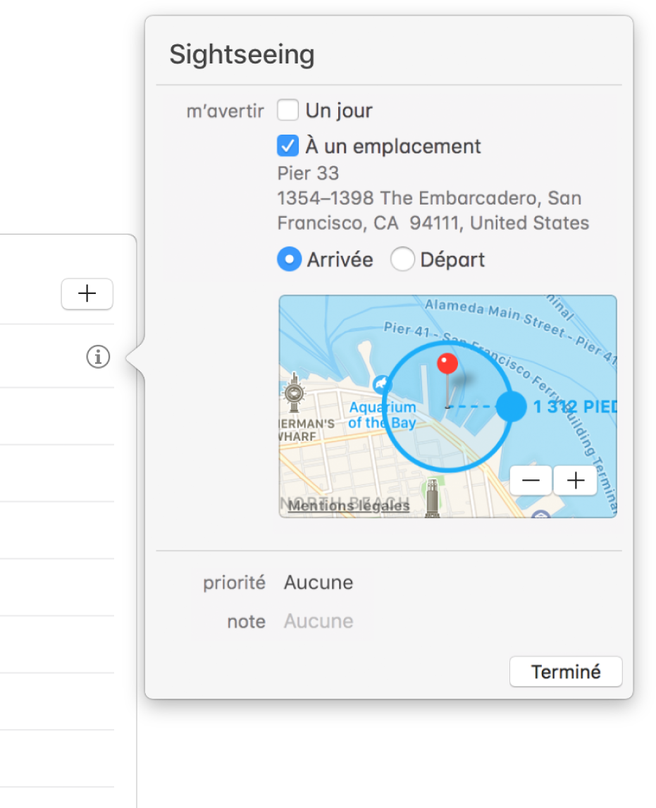 Fenêtre de détails de rappel configuré pour une notification à un lieu