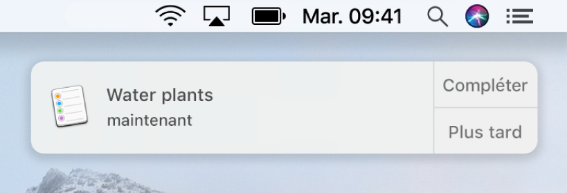 Notification Rappels avec les boutons Terminer et Plus tard.