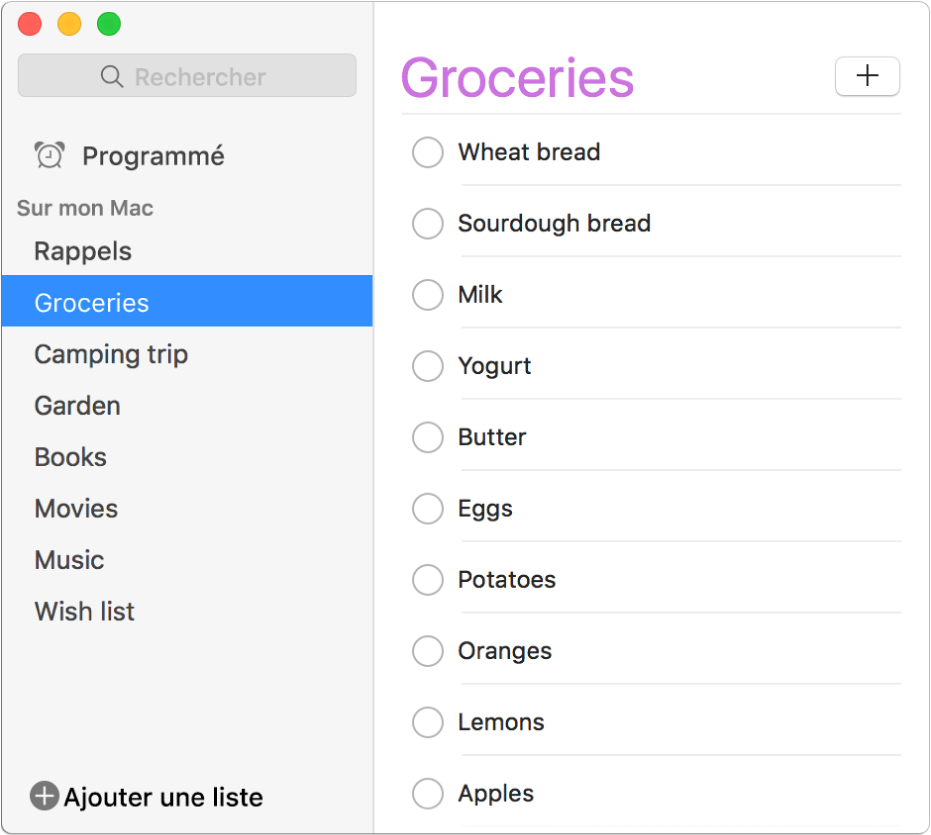 Fenêtre Rappels affichant plusieurs listes de rappels comme Courses, Camping et Livres dans la section Sur mon Mac.