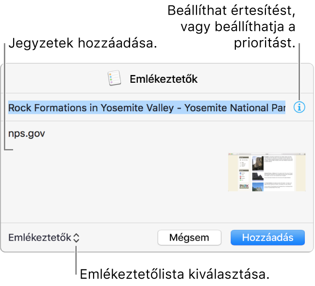 Részletek párbeszédpanel a Safariból hozzáadott emlékeztetőhöz.