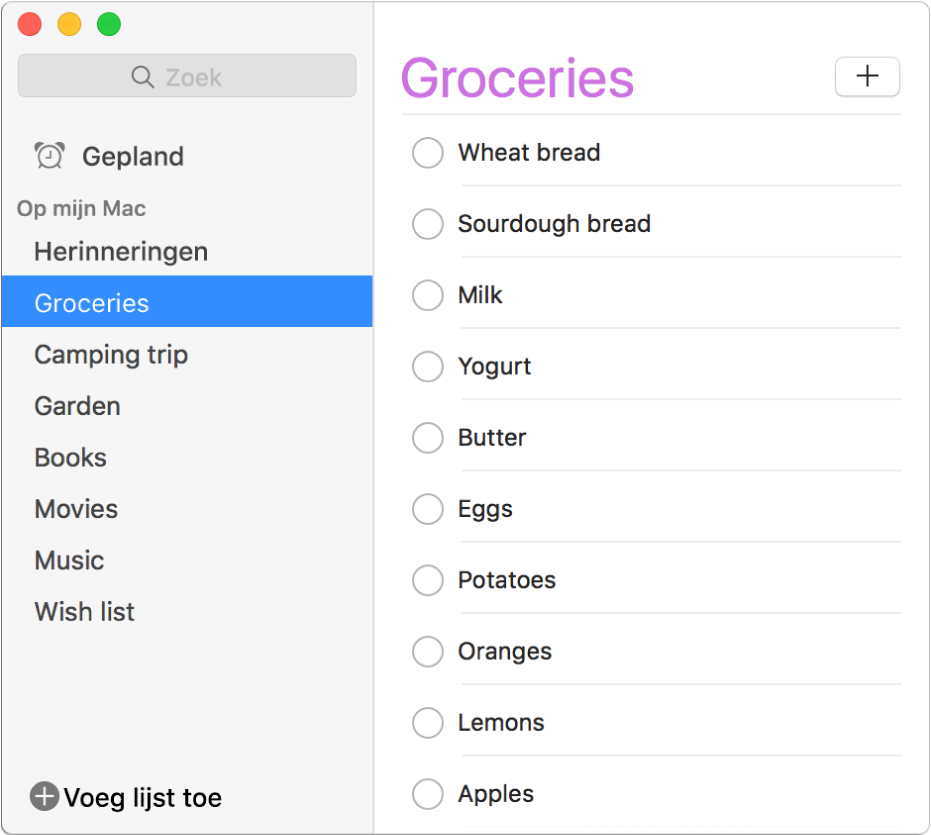 Een herinneringenvenster met meerdere herinneringenlijsten, zoals 'Groceries', 'Camping trip' en 'Books' in het gedeelte 'Op mijn Mac'.