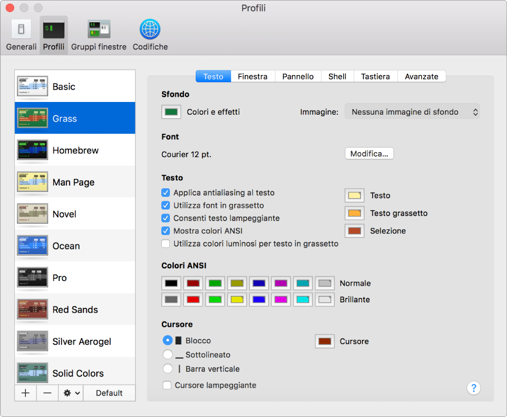 Il pannello Profili di Terminale, con il profilo Grass selezionato.