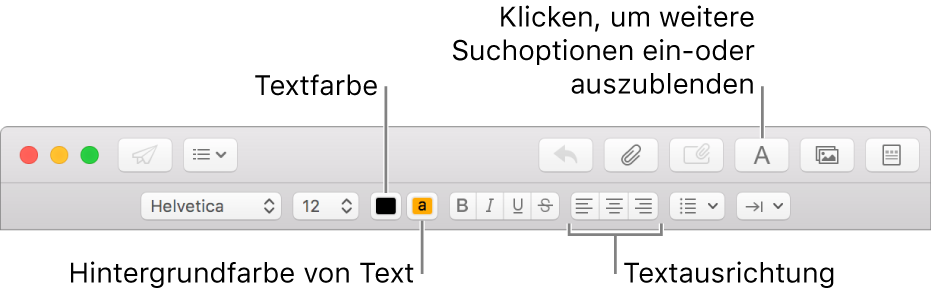 Die Symbolleiste und die Formatierleiste im Fenster für eine neue Nachricht mit den Tasten für die Textfarbe, die Hintergrundfarbe und die Textausrichtung.