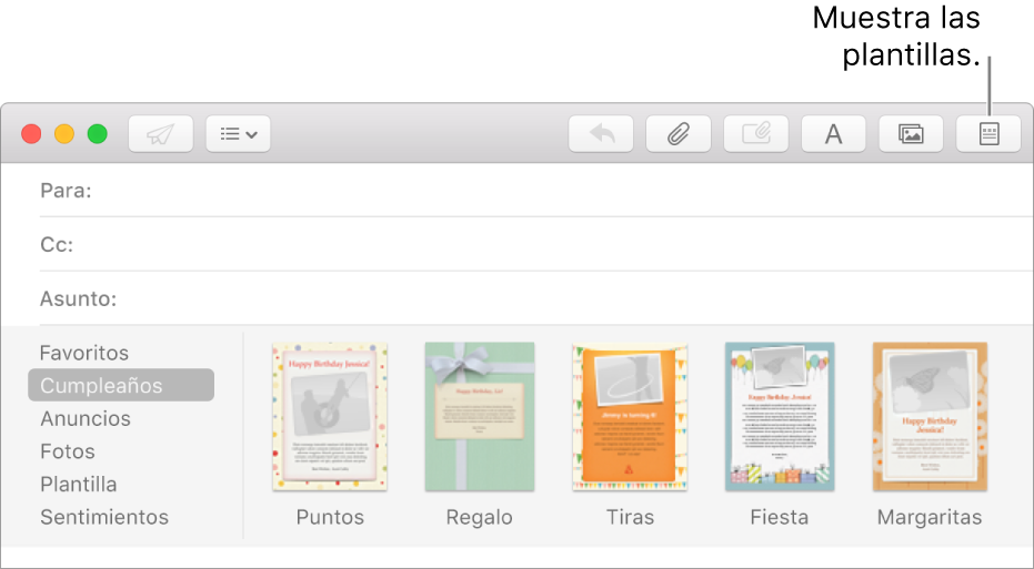 Haz clic en el botón Plantilla en la parte superior derecha del mensaje nuevo para mostrar las plantillas, como Cumpleaños.