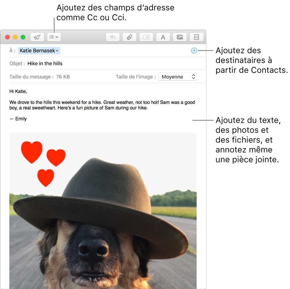 Fenêtre de nouveau message indiquant le bouton Champs d’en-tête, le bouton Ajouter dans un champ d’adresse (pour ajouter des personnes à partir de Contacts) et une image annotée dans le corps du message.