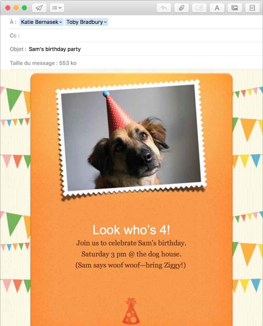 La fenêtre de rédaction de Mail affichant un nouveau message utilisant un modèle et une photo.