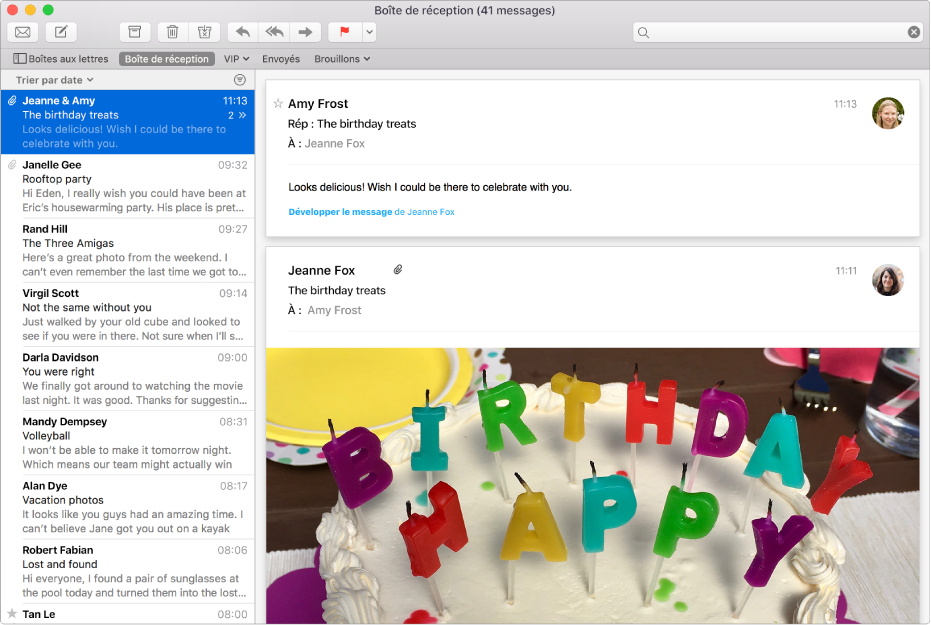 La fenêtre Mail affichant la liste des messages et un message contenant des images dans la zone d’aperçu.