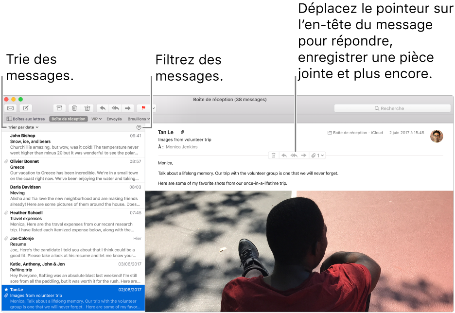 La fenêtre Mail. Cliquez sur Trier par date au-dessus de la liste des messages pour modifier l’ordre de tri des messages. Faites glisser la barre de séparation pour afficher plus ou moins de messages. Placez le pointeur sur la zone d’en-tête d’un message pour afficher les boutons permettant de répondre au message, d’enregistrer les pièces jointes et bien plus encore.
