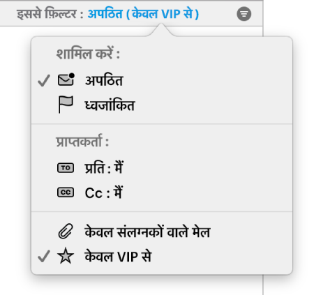 फ़िल्टर पॉप-अप मेनू छह संभव फ़िल्टर्स दिखा रहे हैं: अपठित, फ़्लैग्ड, टु : मुझे, CC : मुझे, केवल संलग्नक वाला मेल तथा केवल VIP से.