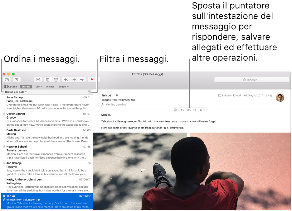 Finestra di Mail. Fai clic su “Ordina per data” sopra all'elenco messaggi per modificare l'ordinamento dei messaggi. Trascina la barra separatore per cambiare la quantità di messaggi mostrati. Sposta il puntatore sull'area intestazione di un messaggio per mostrare i pulsanti che ti consentono di rispondere, salvare gli allegati e altro.