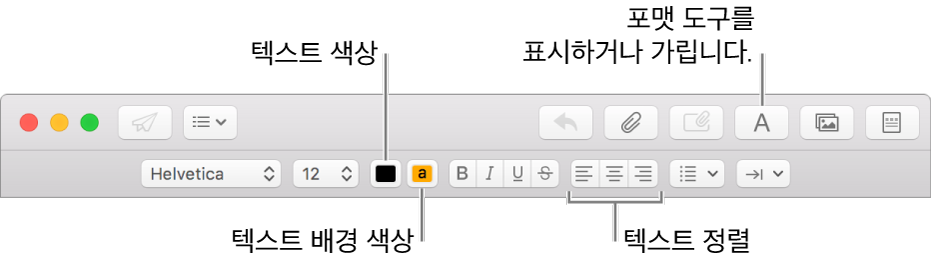 텍스트 색상, 텍스트 배경 색상 및 텍스트 정렬 버튼을 표시하는 새로운 메시지 윈도우의 도구 막대 및 포맷 지정 막대.