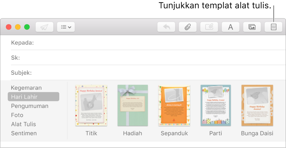 Klik butang Alat Tulis di sudut atas kanan mesej untuk menunjukkan templat alat tulis, seperti Hari Jadi.
