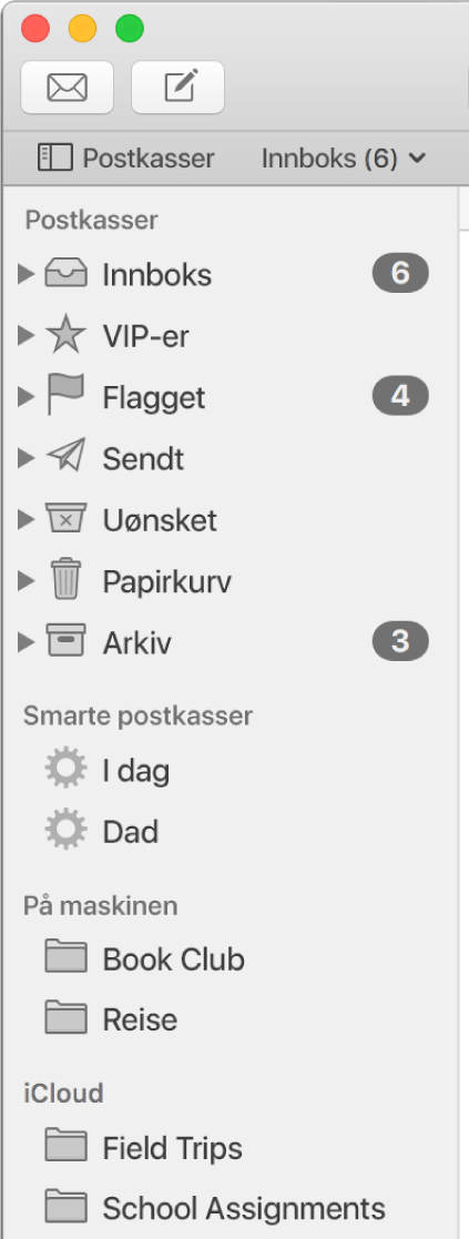 Mail-sidepanelet som viser standardpostkassene (som Innboks og Utkast) øverst i sidepanelet, og postkasser du har opprettet i På maskinen- og iCloud-delene.