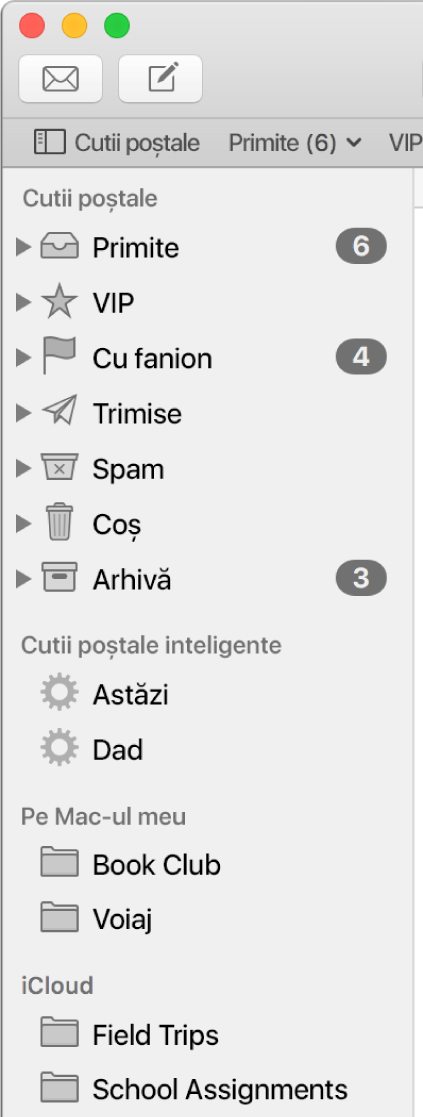 Bara laterală din Mail afișând cutiile poștale standard (Primite și Ciorne) în partea de sus a barei laterale și cutiile poștale create în secțiunea Pe Mac-ul meu și secțiunile iCloud.
