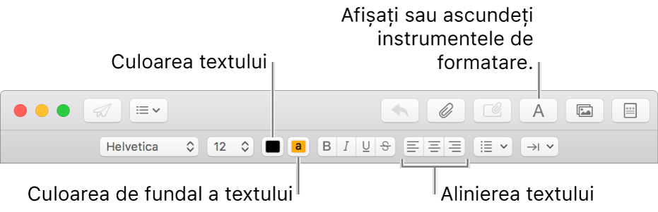 Bara de instrumente și bara de formatare dintr-o fereastră de mesaj nou indicând culoarea textului, culoarea fundalului textului și butoanele de aliniere a textului.