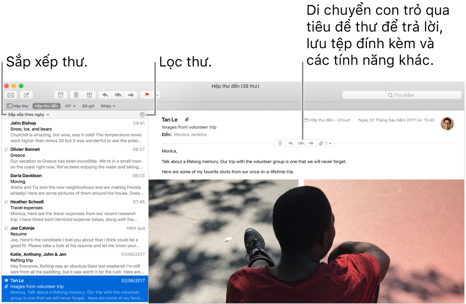 Cửa sổ Mail. Bấm vào Sắp xếp theo Ngày ở trên danh sách thư để thay đổi cách sắp xếp thư. Kéo thanh phân tách để hiển thị nhiều hoặc ít thư hơn. Di chuyển con trỏ qua khu vực tiêu đề của thư để hiển thị các nút để trả lời, lưu tệp đính kèm và nhiều hơn nữa.