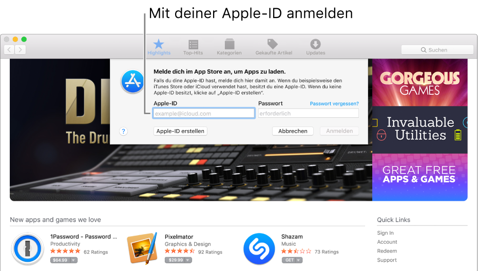 Das Fenster zur Anmeldung beim App Store mithilfe der Apple-ID.