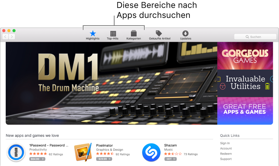 Die Bereiche „Highlights“, „Topcharts“ und „Kategorien“ im App Store.