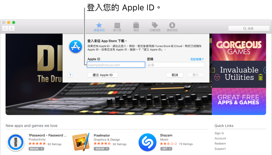 App Store 中的 Apple ID 登入視窗。