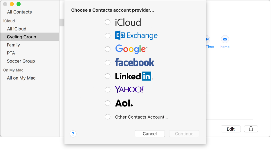 The window for adding Internet accounts to the Contacts app.