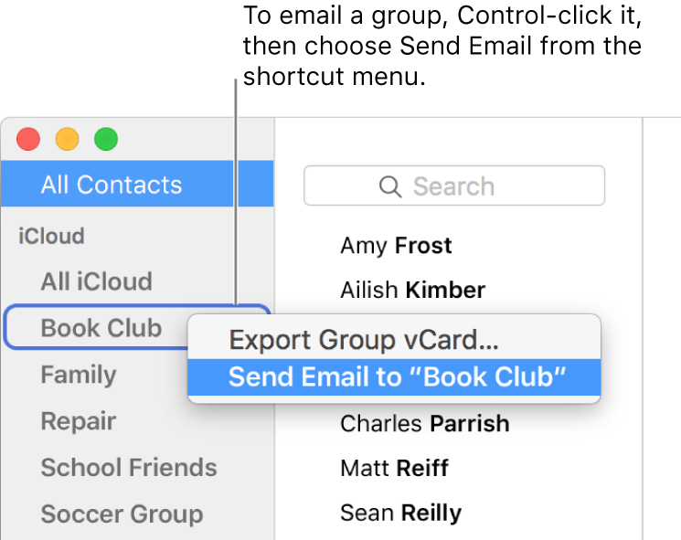 The Contacts sidebar showing the pop-up menu with the command for sending email to the group selected.