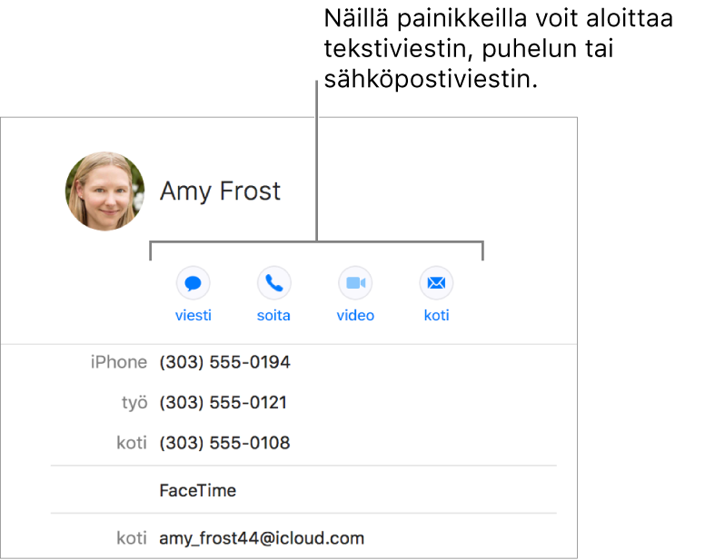 Yhteystietokortti, jossa näkyy yhteyshenkilön nimen alla olevat painikkeet. Näillä painikkeilla voit aloittaa tekstiviestin, puhelun, äänipuhelun tai videopuhelun tai sähköpostin.