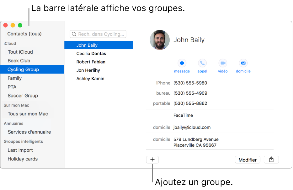 La fenêtre Contacts affichant la barre latérale avec des groupes, comme Club de lecture et Équipe de cyclisme, et le bouton en bas de la fiche d’un contact pour ajouter un nouveau groupe.