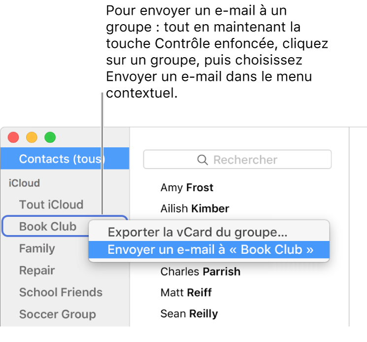 La barre latérale de Contacts affichant le menu local avec la commande permettant d’envoyer un e-mail au groupe sélectionné.