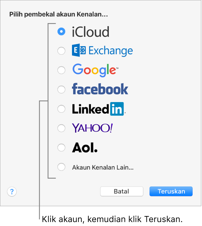 Tetingkap untuk menambah akaun Internet ke app Kenalan.