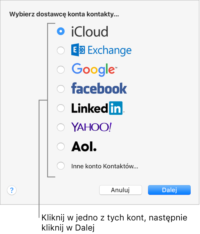 Okno dodawania kont internetowych do aplikacji Kontakty.