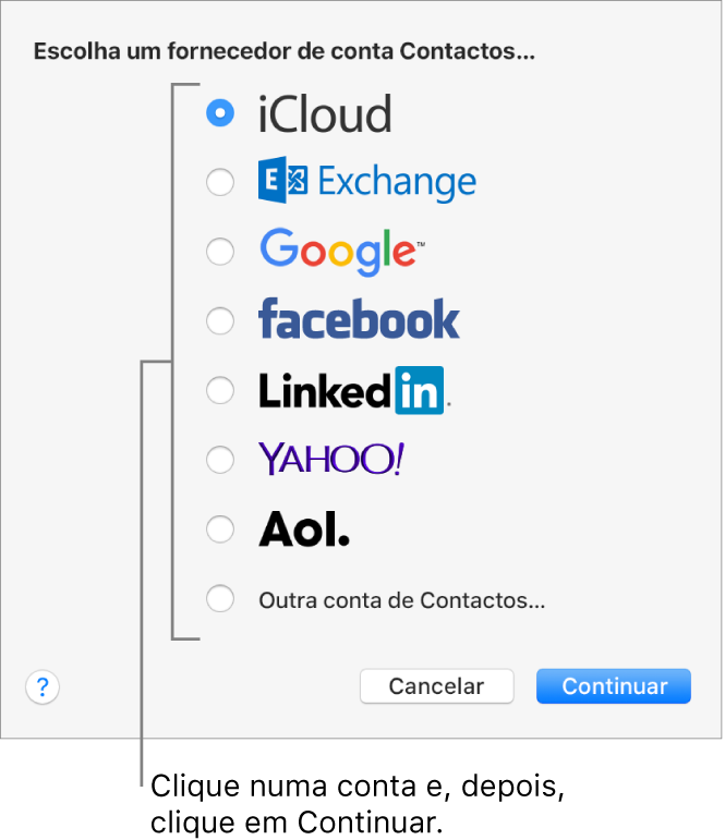 A janela para adicionar contas da Internet à aplicação Contactos.