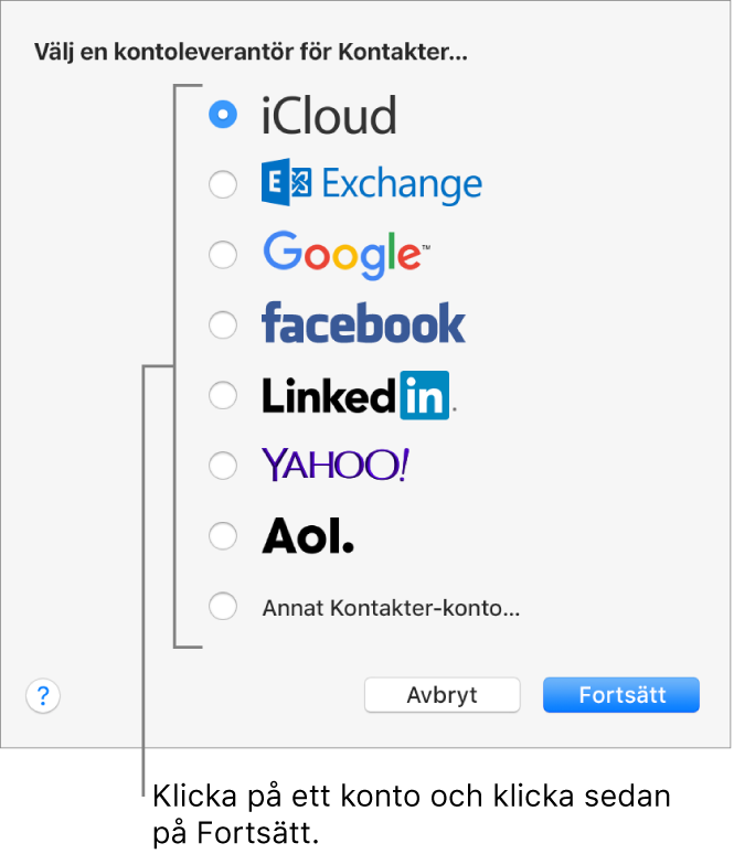 Fönstret för att lägga till internetkonton i programmet Kontakter.