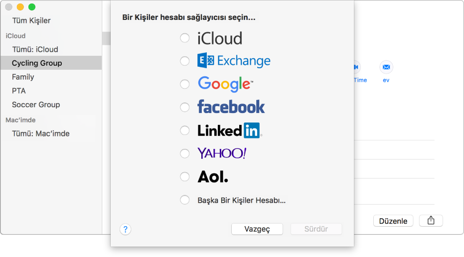 İnternet hesaplarının Kişiler uygulamasına eklendiği pencere.