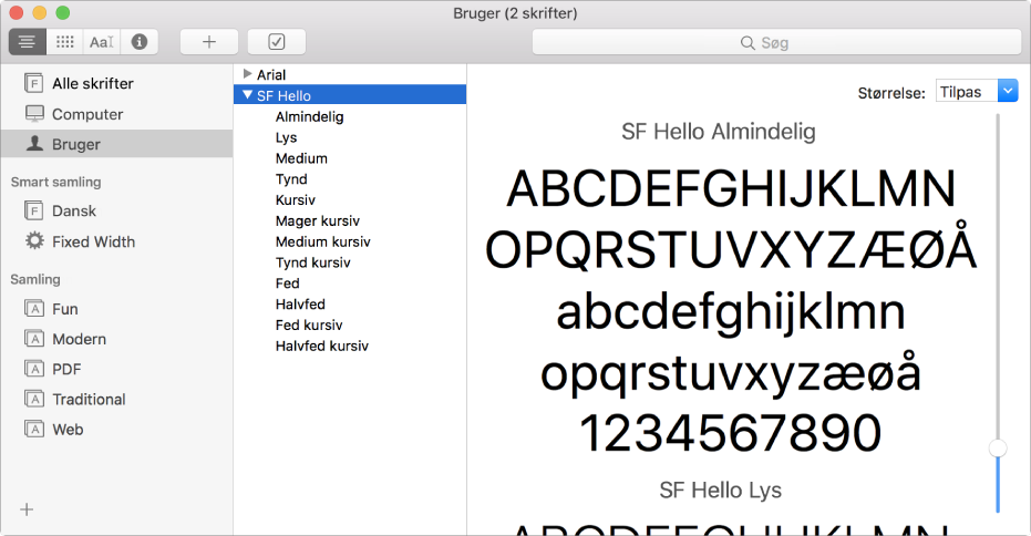 Vinduet Skriftbog viser en skrift, der er installeret for nylig.