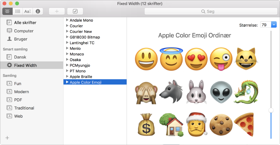 Vinduet Skriftbog viser skriften Apple Color Emoji.