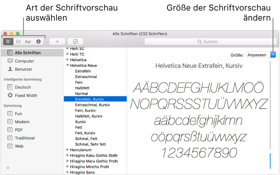 Das Fenster „Schriftsammlung“ mit Tasten oben links zum Auswählen der Schrift in der Schriftvorschau und einem vertikalen Regler ganz rechts zum Ändern der Vorschaugröße