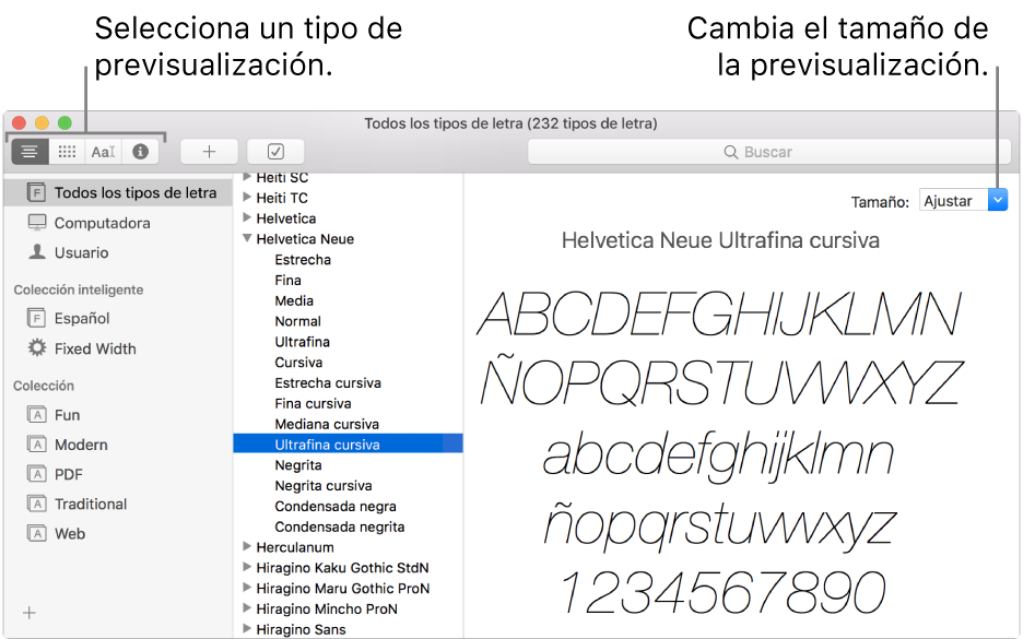 La ventana de Catálogo Tipográfico mostrando botones en la parte superior izquierda para elegir el tipo de vista previa de los tipos de letra, y un regulador vertical en la parte derecha para cambiar el tamaño de la vista previa.