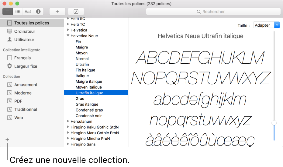 La fenêtre Livre des polices affichant le bouton Ajouter dans le coin inférieur gauche permettant de créer une nouvelle collection, une collection intelligente ou une bibliothèque.