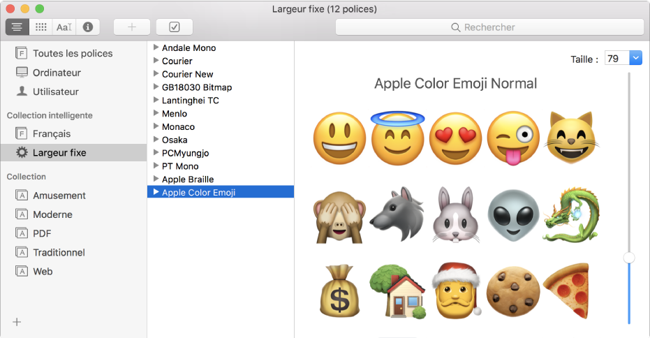 La fenêtre Livre des polices affichant la police Apple Color Emoji.