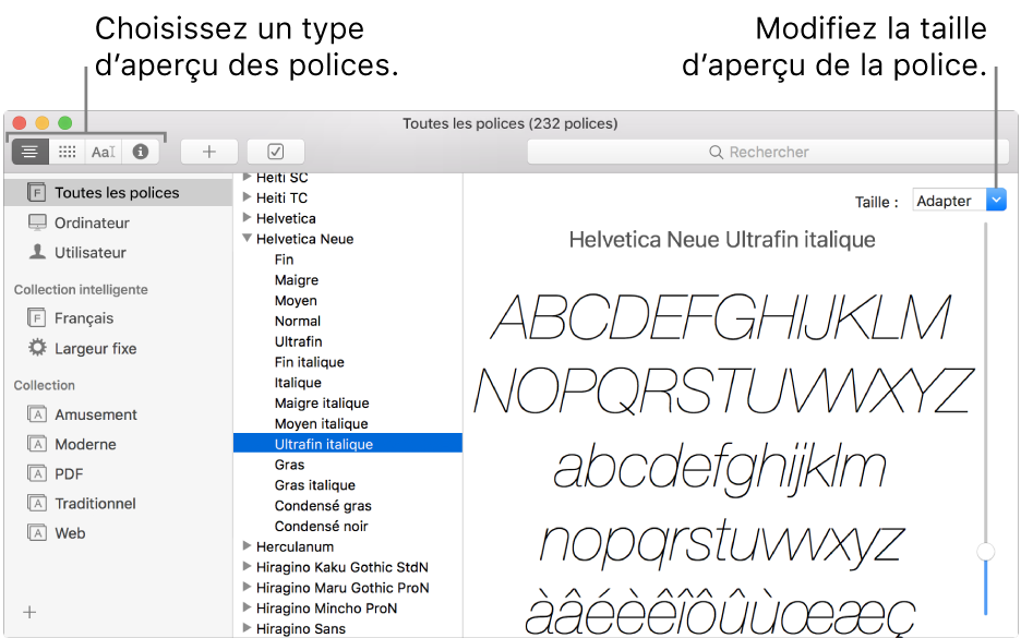 La fenêtre Livre des polices affichant des boutons dans le coin supérieur gauche pour choisir le type d’aperçu des polices et un curseur vertical à l’extrême droite pour changer la taille de l’aperçu.