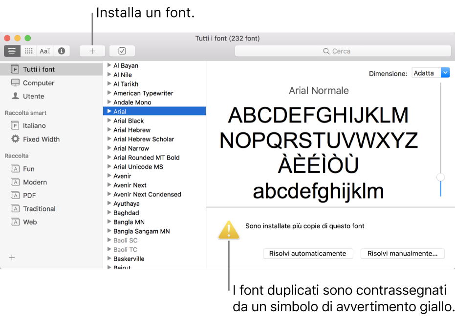 La finestra di Libro Font con il pulsante Aggiungi nella barra degli strumenti, per l’aggiunta di font e, nell’angolo in basso a destra, un simbolo di avvertimento giallo che evidenzia i font duplicati.