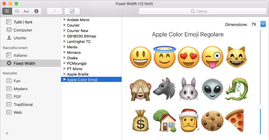 La finestra di Libro Font che mostra il font Apple Color Emoji.