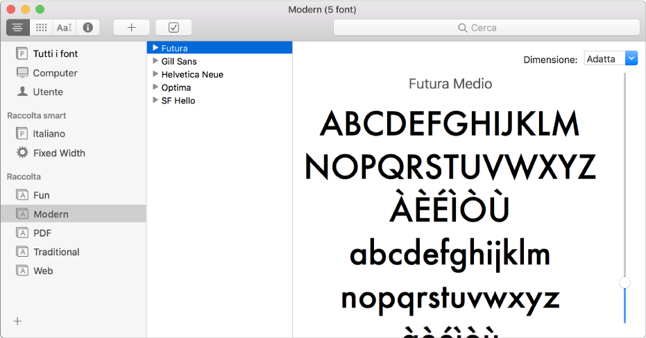 La finestra di Libro Font che mostra la raccolta Moderno.